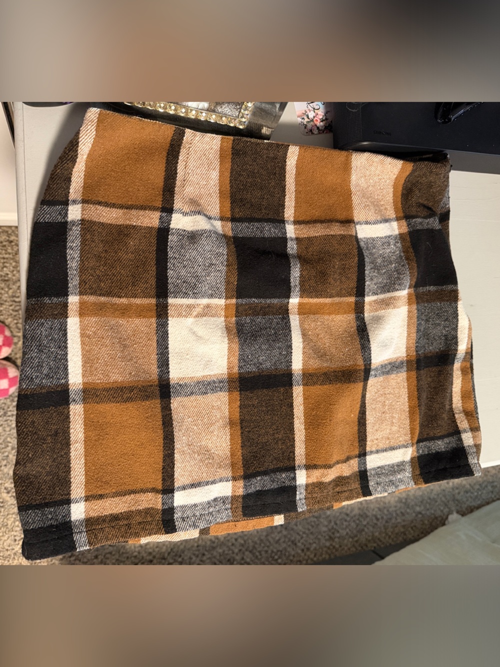 SHEIN Brown, Black & Cream Plaid Mini Skirt